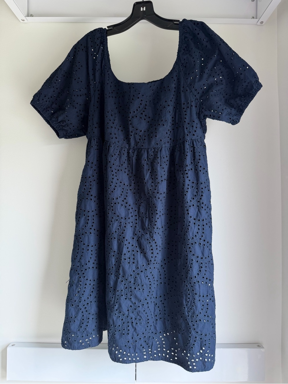 Time and Tru Navy Eyelet Midi Dress with Puff Sleeves